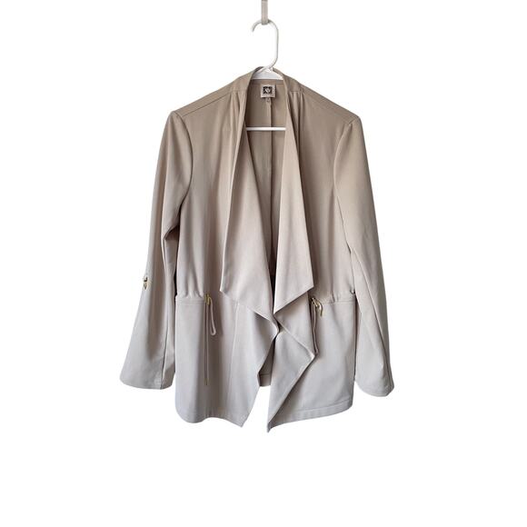Anne Klein Beige Open Front Waterfall Jacket M Gold Accents Minimalist Neutral - Picture 1 of 8
